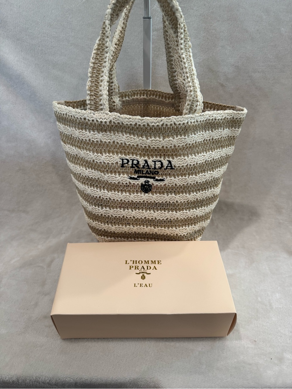 Prada Beauty Striped Mini Tote Bag in Beige and Cream